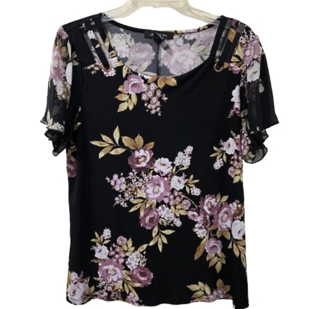 Adele & MAY Chic Floral Black Blouse with Sheer Sleeves